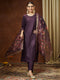 Janasya Women's Wine Cotton Blend Solid Straight Kurta Set With Printed Dupatta